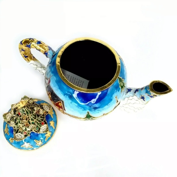 NYCO Cloisonne Enamel Christmas Teapot Winter Scene Tree Lid New W/Gift Box - Picture 6 of 7